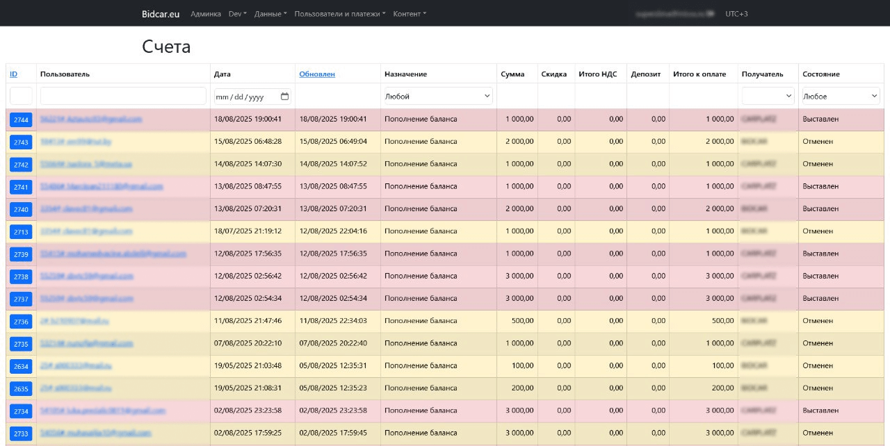 Админка дилера. Счета